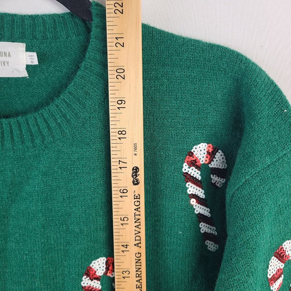 Luna Ivy Green Candy Cane Sequin Sweater Acrylic Blend Christmas Pullover Sz M - Picture 7 of 7